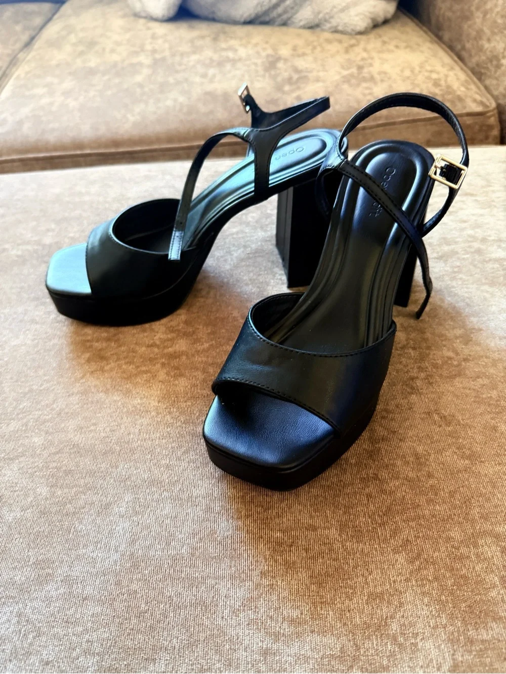 Open Edit Whitney Black Platform Block Heel Sandals | Size 7.5